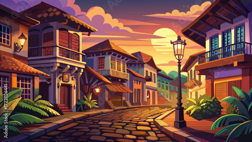 Historic City of Vigan, Philippines, preserves cobblestone streets, Spanish colonial houses, and rustic lamps glowing softly at dusk in a blend of Asian and European styles.