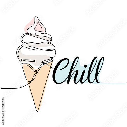 Refreshing soft-serve ice cream cone illustration with the word "Chill" in flowing script
