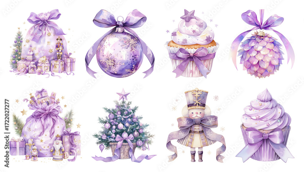 Obraz premium PNG Elegant pastel Christmas decorations illustration, element set on transparent background