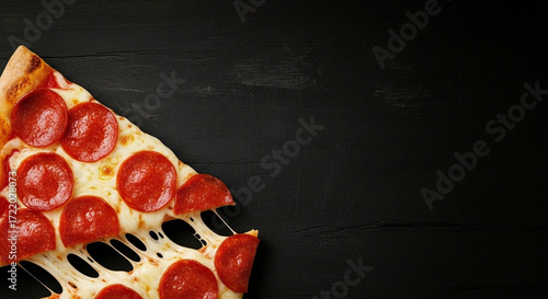 Pepperoni Pizza Slice with Stringy Cheese on Dark Wood - Food Photography, Delicious Meal, Copy Space