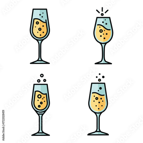Four elegant champagne flutes filled with bubbly golden liquid celebration drinks
