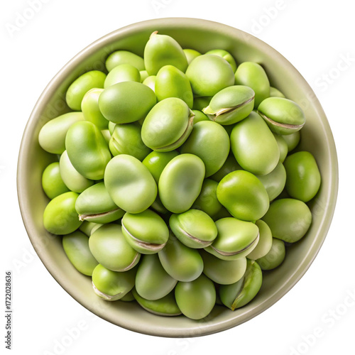 A bowl full of fresh green fava beans showing their smooth texture and vibrant color isolated on transparent background