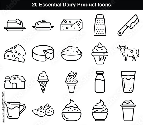 Collection of 20 Essential Dairy Product Icons in Outline Style