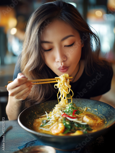 Young South-Asian woman happily slurping noodles from a bowl with chopsticks, enjoying her meal in a casual, cozy setting, isolated full-body view, authentic and delicious Asian cuisine