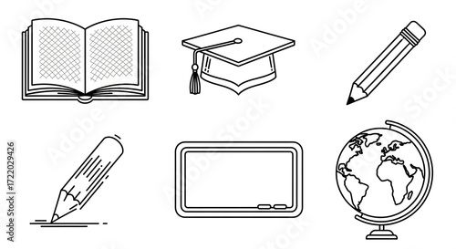Black and white line art icons: book, graduation cap, pencil, chalkboard, globe.