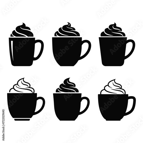 Six black coffee mugs with whipped cream topping simple silhouette design