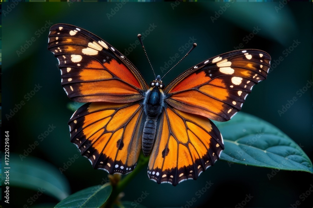 Fototapeta premium A monarch butterfly with orange and black wings rests on a green leaf outdoors.