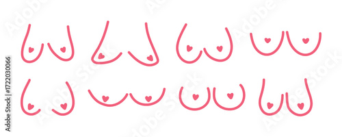 Various hand drawn line art boob doodles set in different shapes and sizes on white background. Abstract and simple vector graphic elements for body positivity, femininity, pink october, breast cancer