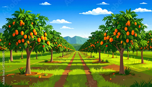 Scenic Orchard Vista Rows of Orange Trees in a Verdant Field Under a Sunny Sky