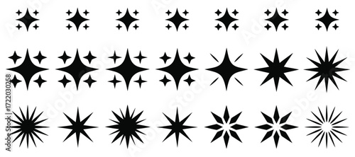 Diverse set of vector graphic elements depicting shimmering light effects. Collection of abstract starbursts, twinkles, and magic glints for creative design