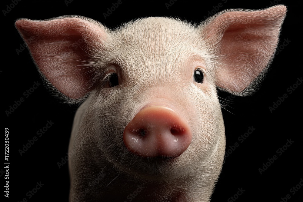 Fototapeta premium Cute happy baby pig face isolated on a dramatic black background showcasing its joyful expression and adorable features
