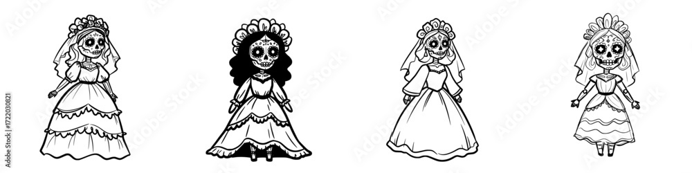 Fototapeta premium Four stylized skeleton brides in wedding dresses for Day of the Dead concept, seamless pattern, set of images 