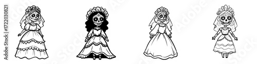 Four stylized skeleton brides in wedding dresses for Day of the Dead concept, seamless pattern, set of images  