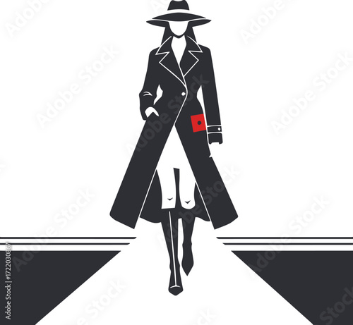 Elegant fashion illustration of stylish woman in trench coat and wide brim hat walking with confidence
