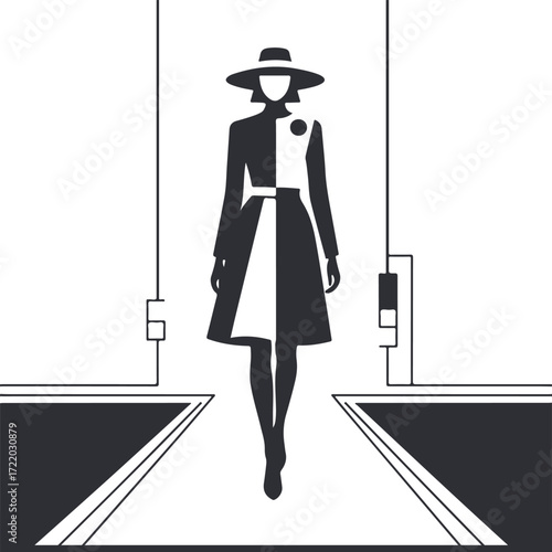 Fashion illustration of elegant woman in coat and wide brim hat standing confidently on runway