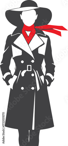 Elegant fashion illustration of woman in trench coat with wide hat and red scarf stylish vector art