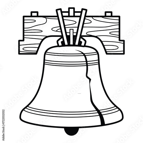 Black and white line drawing of Liberty Bell with crack, wood grain mounting block, and minimalist continuous line art illustration