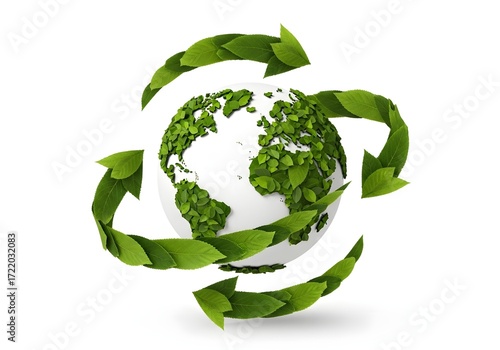 Green planet earth with recycling arrows made of leaves isolated on white background