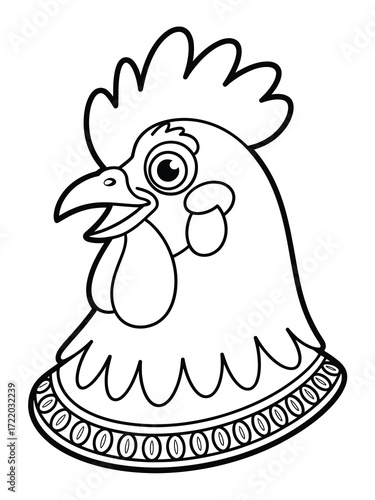 Black and white illustration of a rooster s head with a decorative collar