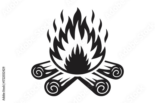 Campfire with Rolled Log, Firewood on White Background
