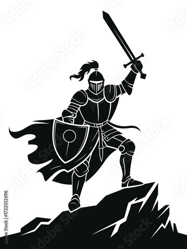 Knight in armor holding sword and shield on rocky outcrop