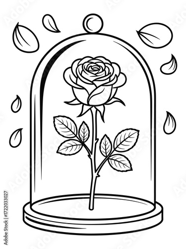 Enchanted rose under glass dome with falling petals