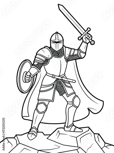 Knight in armor holding sword and shield victorious pose