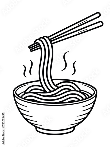 Hot steaming noodles being lifted from a bowl with chopsticks