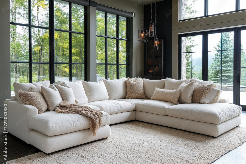 Fototapeta premium Large sectional couch in living room.