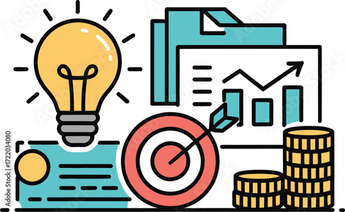 Business growth strategy with lightbulb idea target and financial growth chart