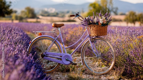 Vintage blue bicycle with a wicker basket filled with lavender