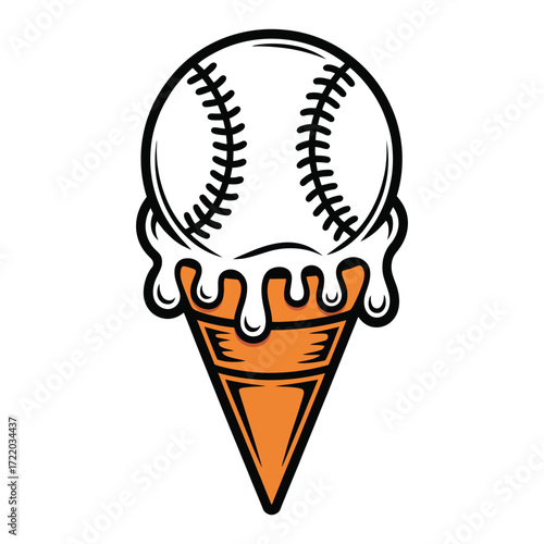 Cartoon baseball ice cream cone illustration with white baseball top, orange cone bottom, and realistic melting drips in graphic style