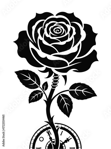 Black silhouette rose growing from clock face