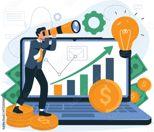 Businessman with telescope looks ahead at financial growth chart on laptop screen