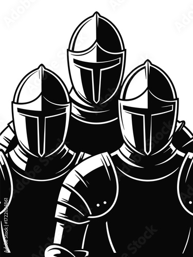 Three medieval knights in full armor facing forward