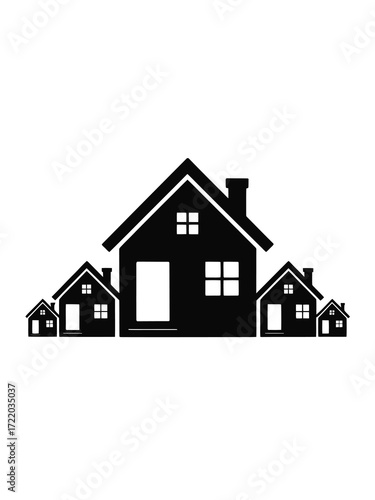 Silhouette of a large house surrounded by smaller houses