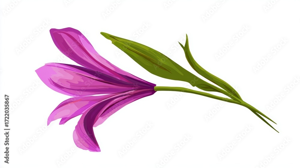 Obraz premium Close-up illustration of a vibrant purple lily flower with green stem and leaves against a white background.