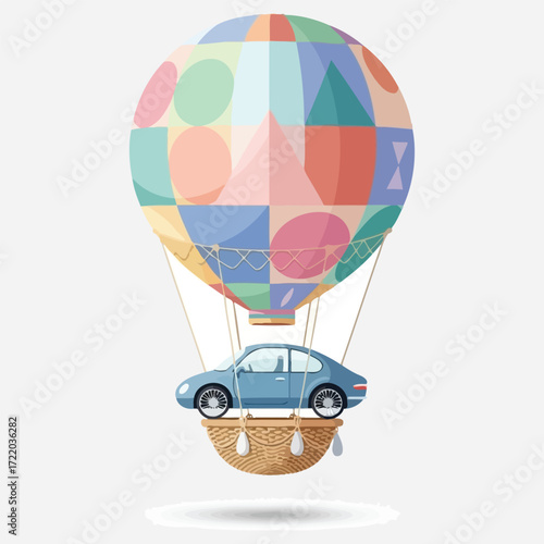 A Blue Car Soaring with a Colorful Hot Air Balloon Illustration