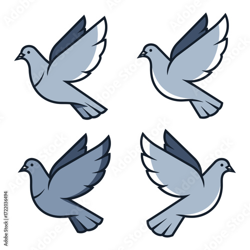 Four stylized pigeons flying gracefully in different poses artistic depiction