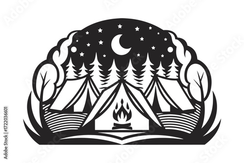 Camping Tents with Fire & Trees at Night, Stars and Moon, Nature