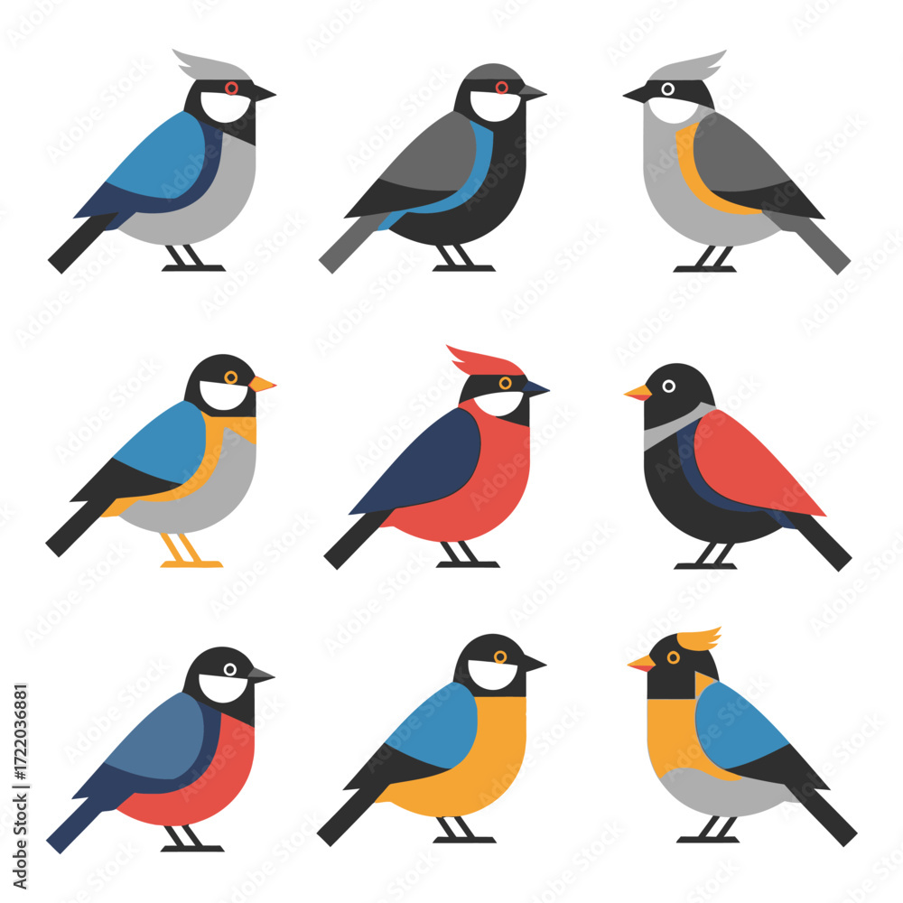 Fototapeta premium Diverse collection of small cartoon birds posed individually with colorful plumage