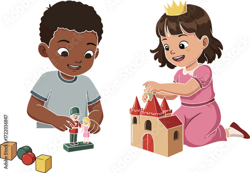 Smiling children playing with castle toys, boy and girl enjoying creative playtime together, happy kids cartoon vector illustration design