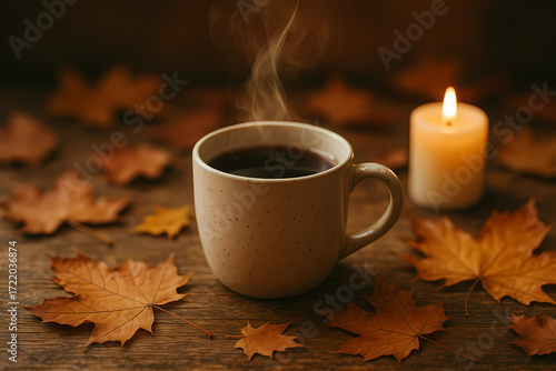A steaming cup of tea on a rustic wooden table surrounded by colorful autumn leaves and a glowing candle. Warm hygge atmosphere perfect for seasonal designs, fall promotions, wellness, relaxation, 
