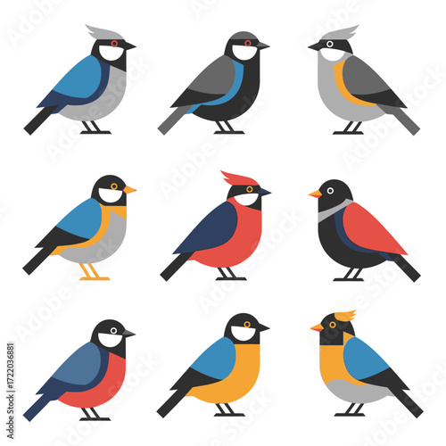 Diverse collection of small cartoon birds posed individually with colorful plumage
