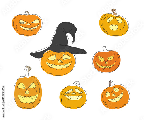 Halloween set of vector icons of colorful doodle pumpkins