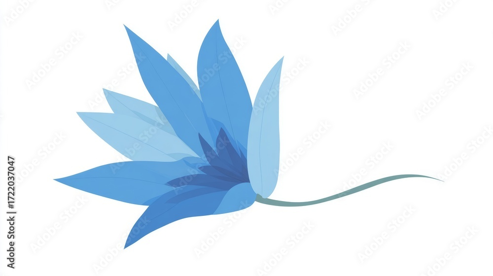 Fototapeta premium Artistic illustration of a blue flower with multiple petals and a curved stem, isolated on white.