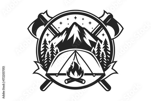 Camping with Mountain, Tent, Axes, Bonfire, and Stars, on White Background