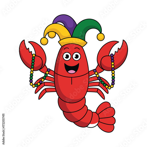 Cartoon red lobster illustration wearing Mardi Gras jester hat and colorful beads with happy expression on white background vector