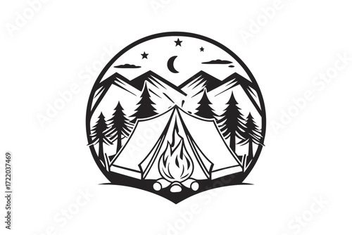 Camping With Tent, Bonfire, Pine Trees, Mountains, Moon and Stars