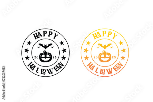 Black and orange Halloween circular emblems with pumpkin bats and stars